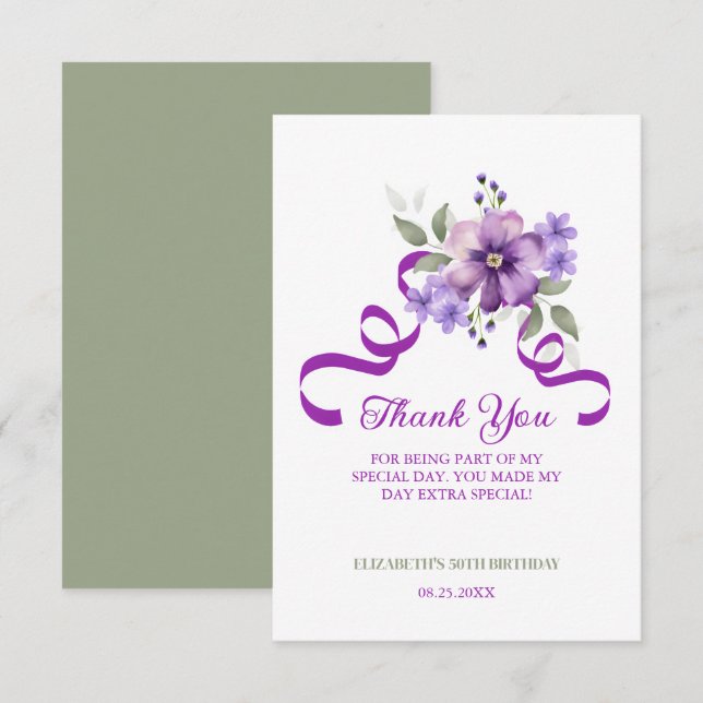 Carte De Remerciements Purple Flower Greenery Ribbon Birthday (Devant / Derrière)
