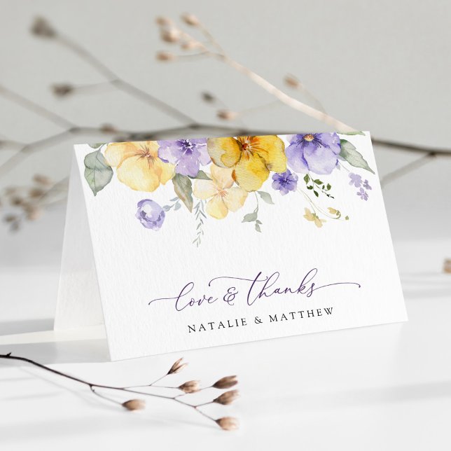 Carte De Remerciements Purple Flowers, Yellow Flowers, Greenery, Wedding (Créateur téléchargé)