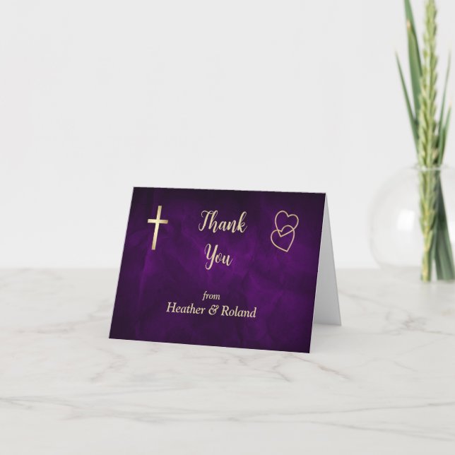 Carte De Remerciements Purple Gold Hearts Christian Cross Mariage (Devant)