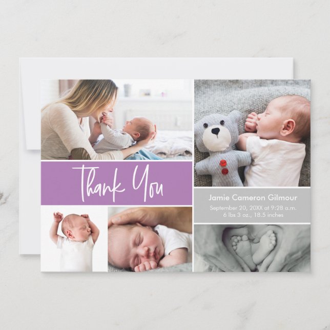 Carte De Remerciements Purple Handlettering Photo Collage Baby shower (Devant)