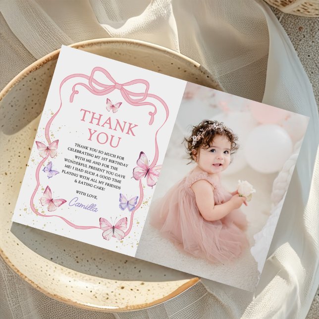 Carte De Remerciements Purple Pink Bow Butterfly Girl Birthday Photo (Créateur téléchargé)