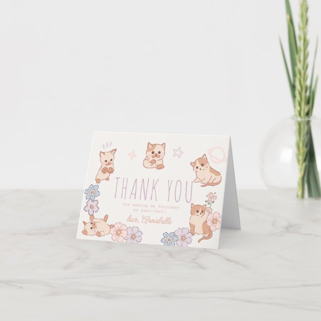 Carte De Remerciements Purr-fect Cute Cats Floral Girl Anniversaire (Devant)