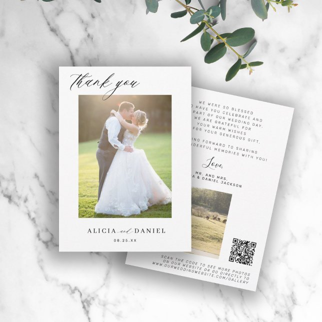 Carte De Remerciements QR CODE moderne élégant script photo mariage (Créateur téléchargé)