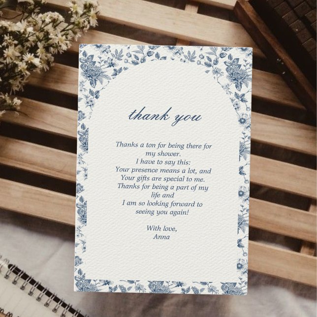 Carte De Remerciements Quelque chose de bleu avant la douche nuptiale flo (thank you bridal shower card something blue before i do" chinoiserie victorian art foile blue)