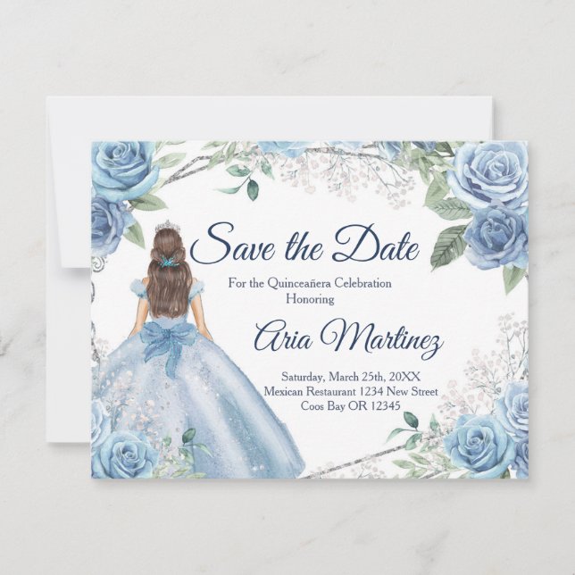 Carte De Remerciements Quinceañera 15 Anos Dusty Blue Enregistrer la date (Devant)