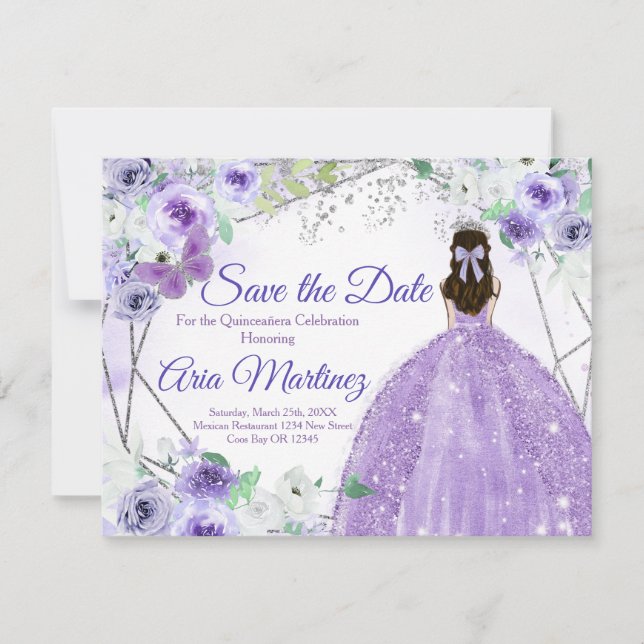Carte De Remerciements Quinceañera 15 Anos Silver & Purple Enregistrer la (Devant)