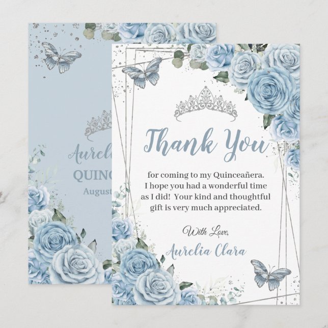 Carte De Remerciements Quinceañera Bébé Bleu Floral Papillons Douce 16 (Devant / Derrière)