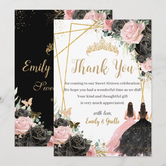 Carte De Remerciements Quinceanera Black Rose Floral Twins Princesses (Devant / Derrière)