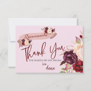 Carte De Remerciements Quinceañera Blush rose Parties scintillant Floral 