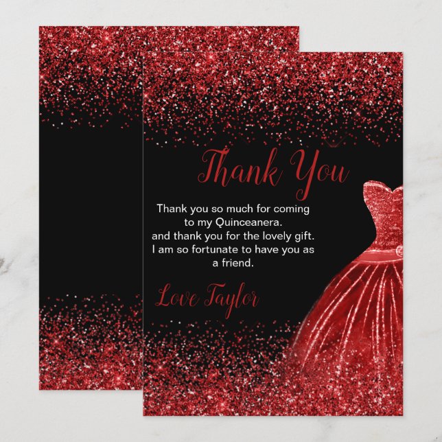 Carte De Remerciements Quinceanera Bright Red Dress Faux Glitter (Devant / Derrière)