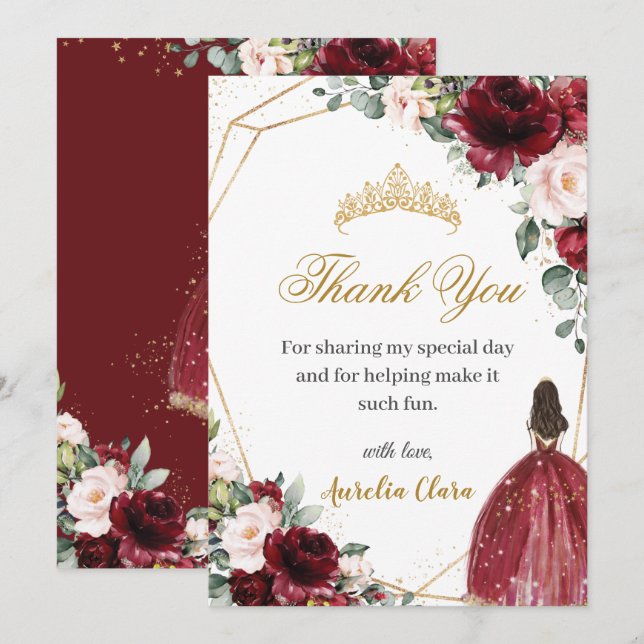 Carte De Remerciements Quinceañera Burgundy Blush Floral Gold Princess  (Devant / Derrière)