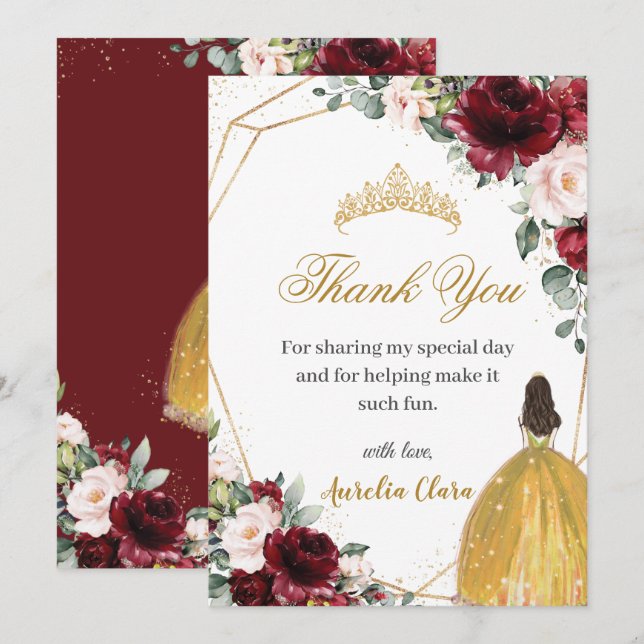 Carte De Remerciements Quinceañera Burgundy Blush Floral Yellow Princess (Devant / Derrière)