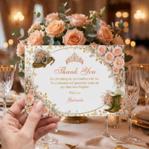 Carte De Remerciements Quinceañera Dorée de Roses de Pêche Occidentales