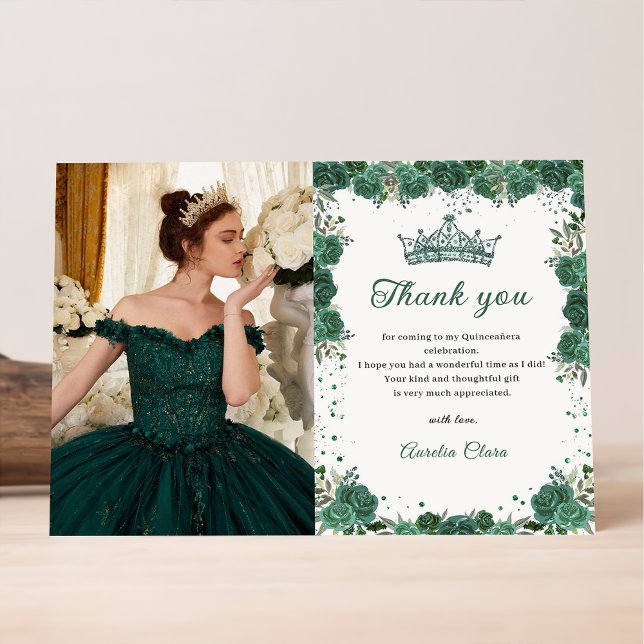 Carte De Remerciements Quinceañera Emerald Green Floral Anniversaire (Créateur téléchargé)