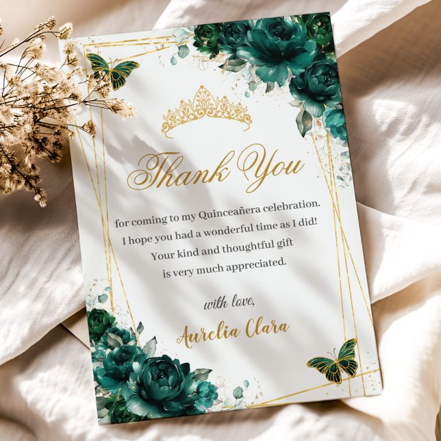 Carte De Remerciements Quinceañera Émeraude Fleurs Papillons Dorés (Créateur téléchargé)