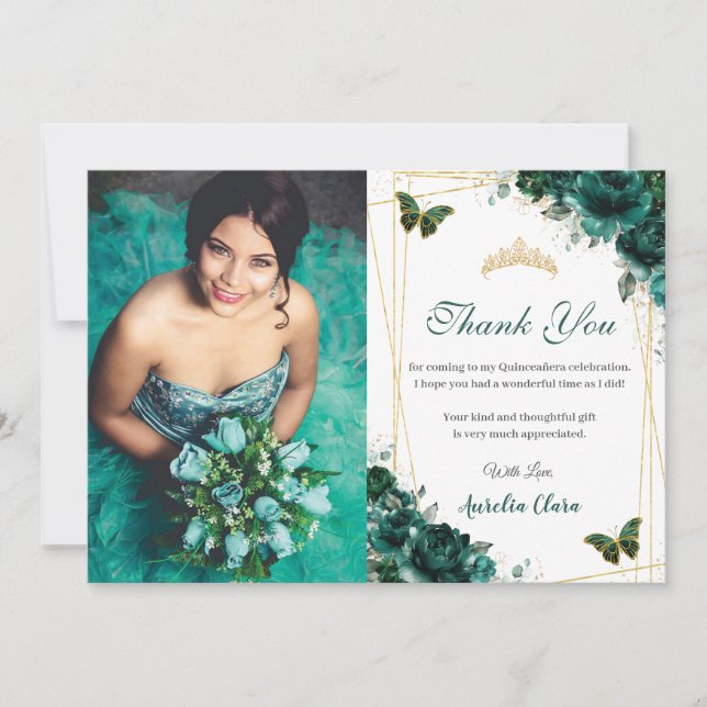 Carte De Remerciements Quinceañera Émeraude Papillons Fleuris Anniversair (Devant)
