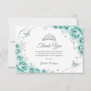Carte De Remerciements Quinceanera Florale Argent Turquoise