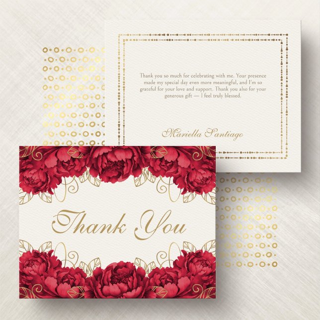 Carte De Remerciements Quinceanera florale élégant rouge (Créateur téléchargé)