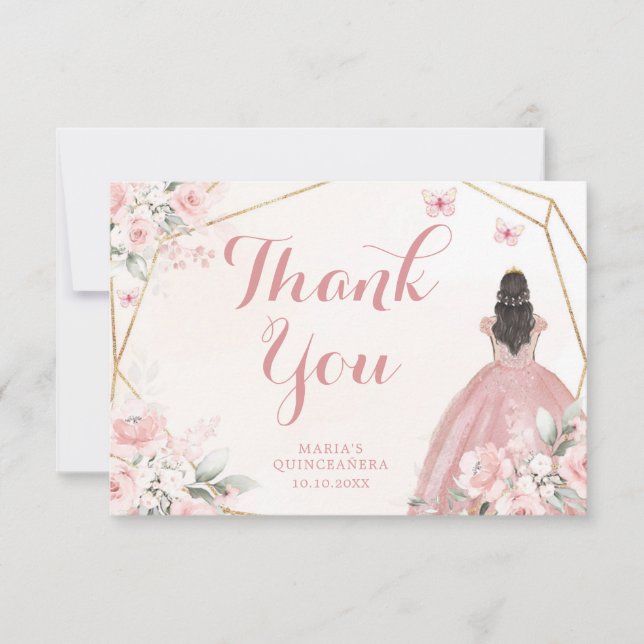 Carte De Remerciements Quinceanera florale rose et or (Devant)
