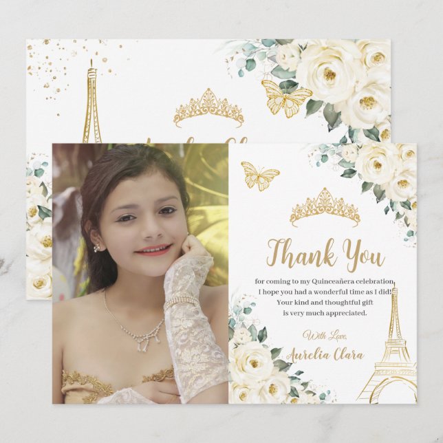 Carte De Remerciements Quinceañera Ivory Floral Paris 16e anniversaire Ph (Devant / Derrière)