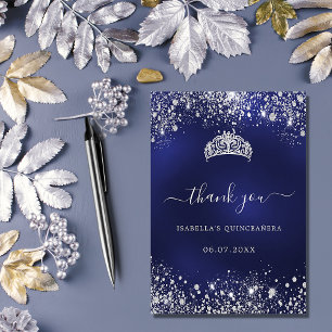 Carte De Remerciements Quinceanera marine bleu argent parties scintillant
