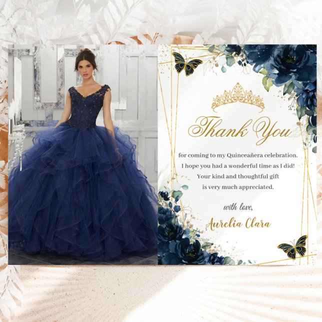 Carte De Remerciements Quinceañera Marine Blue Floral Butterflies Photo (Créateur téléchargé)