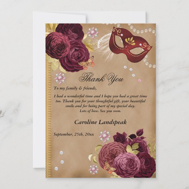 Carte De Remerciements Quinceañera Masquerade, Photo & Red English Roses (Devant)