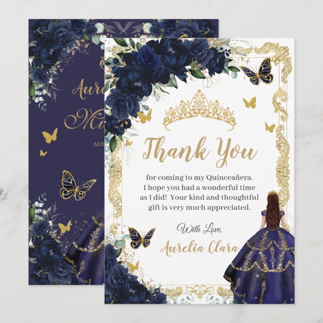 Carte De Remerciements Quinceañera Navy Blue Floral Gold Princess 15 16 (Devant / Derrière)