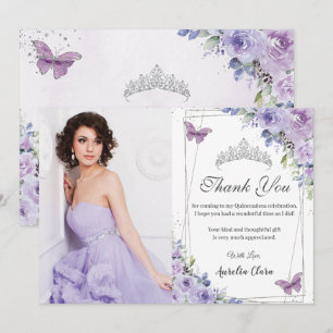 Carte De Remerciements Quinceañera Papillons floraux pourpres 16 Annivers