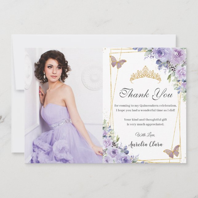 Carte De Remerciements Quinceañera Papillons floraux pourpres 16 Annivers (Devant)