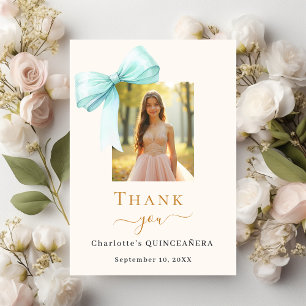 Carte De Remerciements Quinceanera photo bow crème turquoise