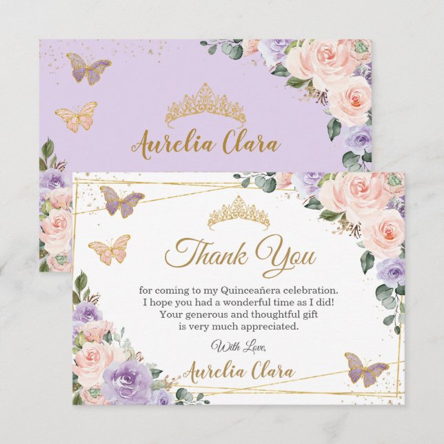 Carte De Remerciements Quinceañera Purple Lilac Blush Floral Papillons (Devant / Derrière)