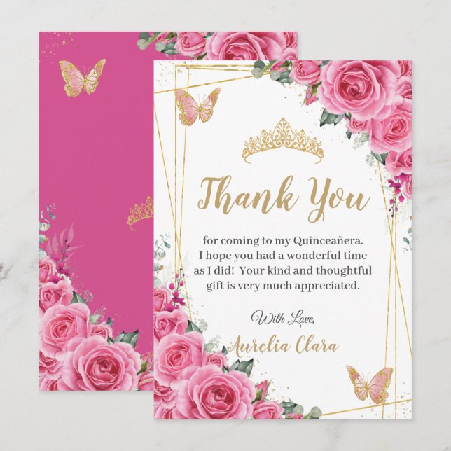Carte De Remerciements Quinceañera Rose Fuchsia Floral Or Papillons Dorés (Devant / Derrière)