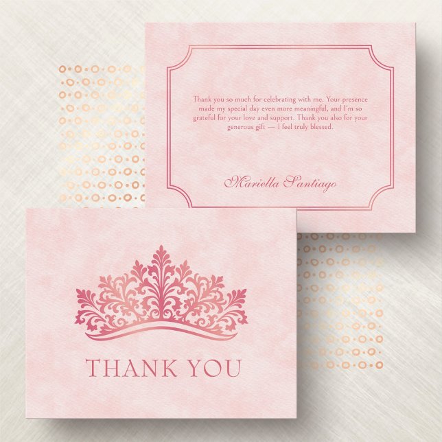 Carte De Remerciements Quinceanera rose Tiara Couronne élégante (Créateur téléchargé)