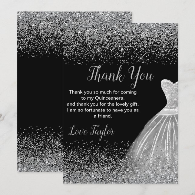 Carte De Remerciements Quinceanera Silver Dress Faux Glitter (Devant / Derrière)