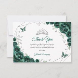 Carte De Remerciements Quinceanera Vert Émeraude Argent Floral
