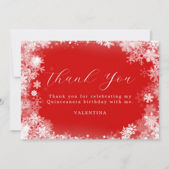 Carte De Remerciements Quinceanera Winter Wonderland Snowflake Red (Devant)