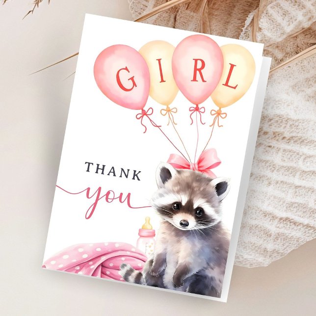 Carte De Remerciements Raccoon Baby shower fille rose plié (Créateur téléchargé)