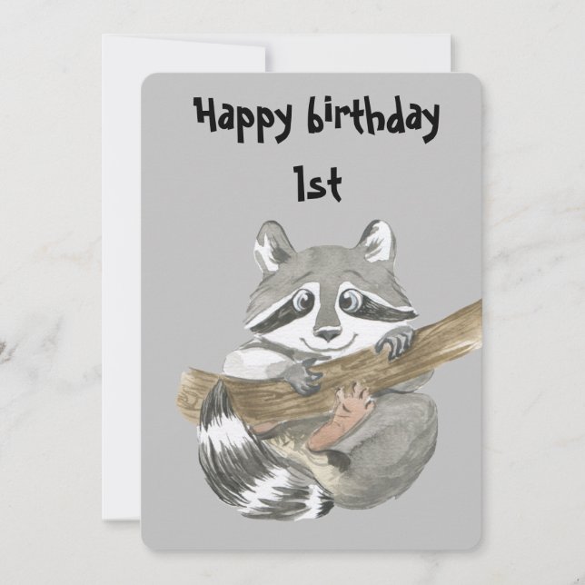 Carte De Remerciements Raccoon joyeux anniversaire 1er (Devant)