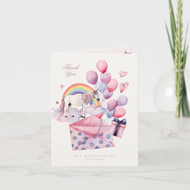 Carte De Remerciements Rainbow Balloons Unicorn rose fête d'anniversaire  (Devant)