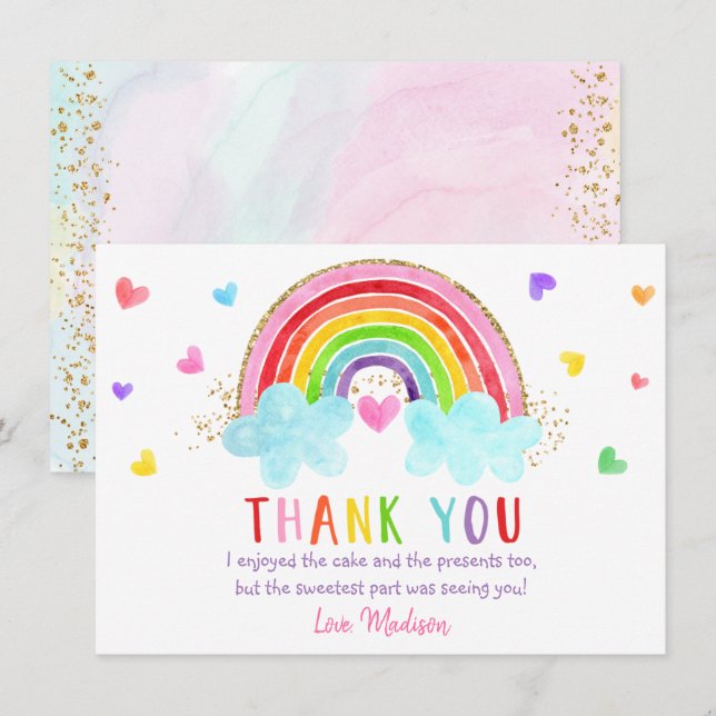 Carte De Remerciements Rainbow Cloud Hearts Or rose Anniversaire (Devant / Derrière)