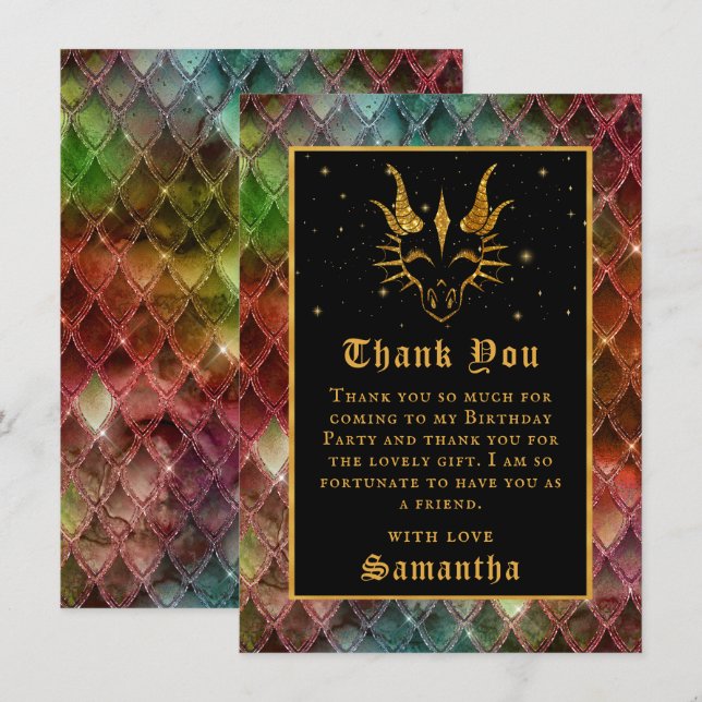 Carte De Remerciements Rainbow Dragon Scales Gold Faux Parties scintillan (Devant / Derrière)
