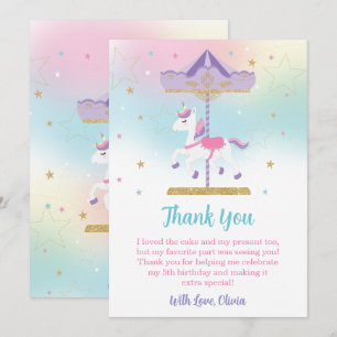 Carte De Remerciements Rainbow Unicorn Carousel 1er anniversaire Parties