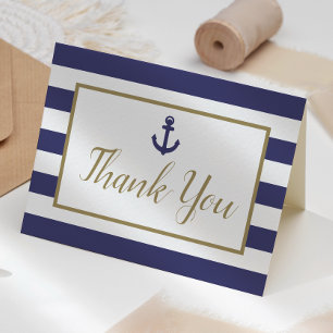 Carte De Remerciements Rayures Bleues de Marine Nautiques Ancre Écriture