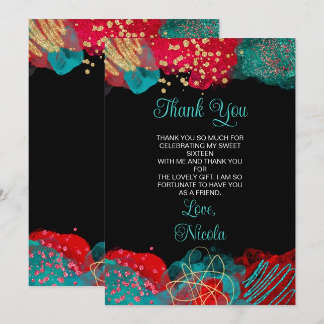 Carte De Remerciements Red and Teal Blue Alcohol Ink Sweet Sixteen (Devant / Derrière)