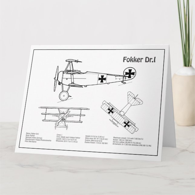 Carte De Remerciements Red Baron Fokker Dr.1 - Plan d'avion BD (Devant)