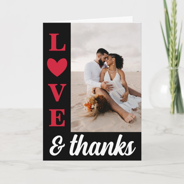 Carte De Remerciements Red Black Typography Love & Thanks Photo Mariage (Devant)