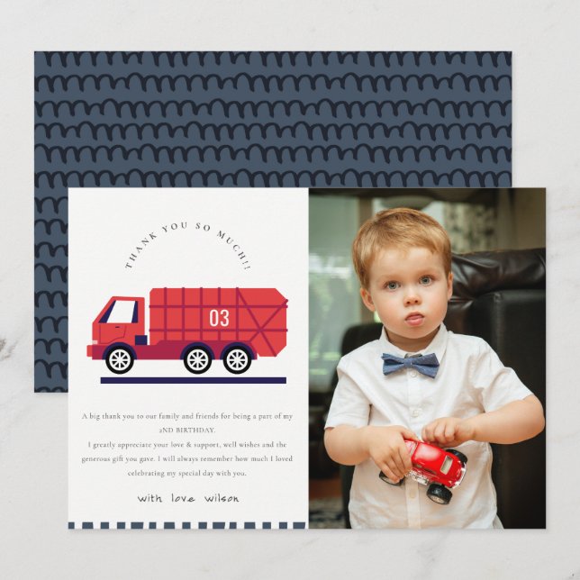 Carte De Remerciements Red Cute Garbage Truck Enfants Photo N'Importe Que (Devant / Derrière)