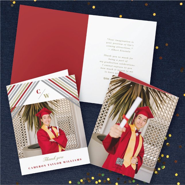 Carte De Remerciements Red Diagonal Stripes Photo Moderne Graduation (Red Diagonal Stripes Monogram, Photo Modern Graduation Thank You Card @ zazzle.com/color_therapy)