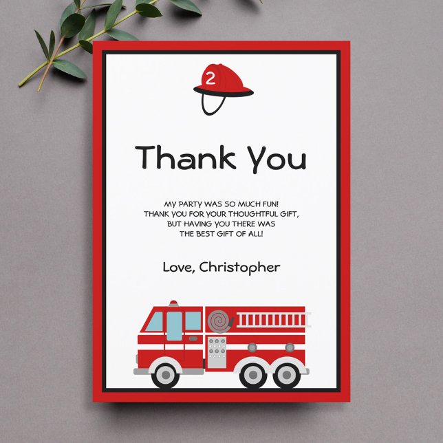 Carte De Remerciements Red Fire Engine et Casquette Anniversaire (Créateur téléchargé)
